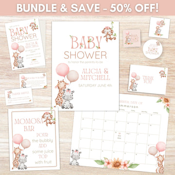 all in one girly safari baby shower printable bundle with invitations party supplies signs and game